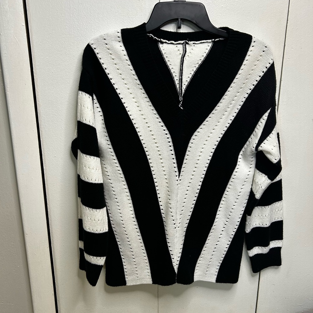Black & White V-Neck Striped Knit Sweater
